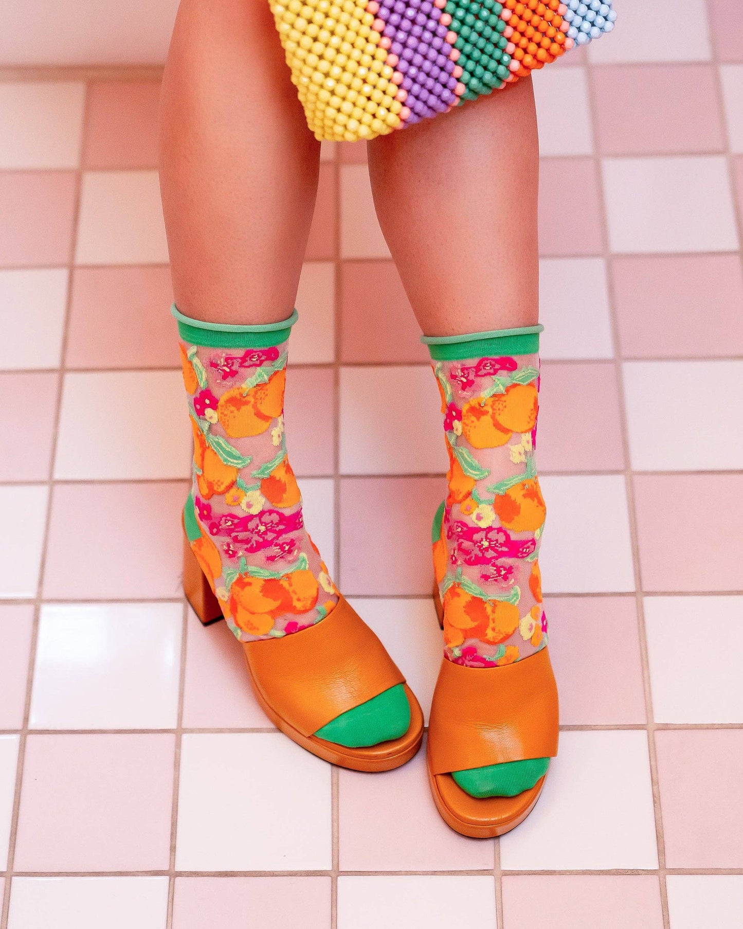 Orange Floral Sheer Crew Sock